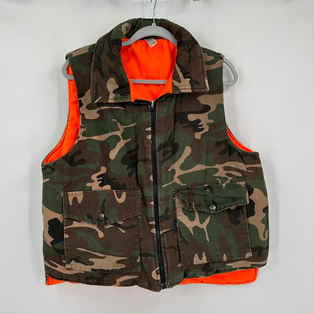 Sports Afield Mens Vintage Woodland Camo Hunting Vest Size L Blaze Orange Lining